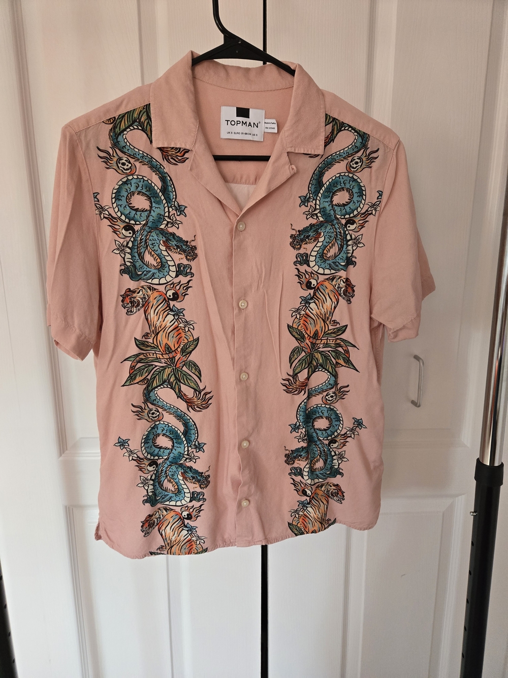 Topman Pink Short Sleeve Shirt with Blue Dragon & Orange Tiger Motif